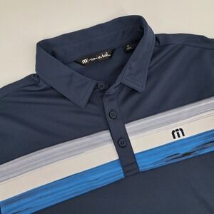 Travis Mathew Mens Medium Polo Shirt Navy Blue Striped Golf Casual Size M